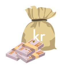 Swedish Krona Vector Illustration. Sweden money set bundle banknotes. Money bag 1000 kr. Flat style. Isolated on white background. Simple minimal design.