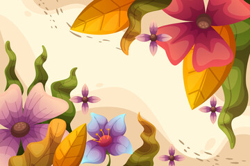 Nature Spring Landscape background illustration for with colorful flower and leaves floral