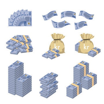 Swedish Krona Vector Illustration. Huge packs of Sweden money set bundle banknotes. Bundle with cash bills. Deposit, wealth, accumulation and inheritance. Falling money 100 kr.
