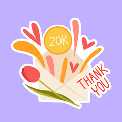 Obraz premium Celebrating and greeting 20k followers. Public social media account, online influencer activity, profile fans and subscribers, growing digital friends network cartoon vector illustration