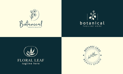 Fototapeta na wymiar Botanical Floral element Hand Drawn Logo with Wild Flower and Leaves. Logo for spa and beauty salon, boutique, organic shop, wedding, floral designer, interior, photography, jewelry, cosmetic.
