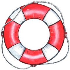 Red lifebuoy watrercolor illustration