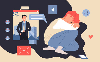 Social media addiction and depression issue. Mental health awareness, increasing teens loneliness and sadness, cyberbullying, personal frustration cartoon vector illustration