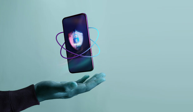 Cyber Security Technology Concept. Securing Cloud Online Web Systems. Hand Levitating Smart Phone with Padlock, Fingerprint and Protect Guard Shield. Web3 and Privacy.
