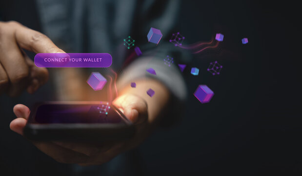 Web3 Technology Concept. Hand Using Mobile Phone To Connect Digital Wallet. Smart, E-wallet, Financial And Economy On Borderless. Closeup Shot