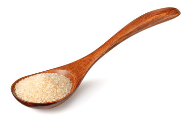 Psyllium husk in the wooden spoon, isolated on white background.