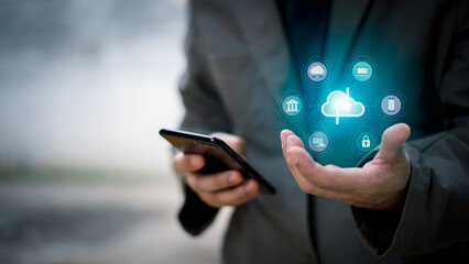 Internet networking, remotely work, data exchange concept. Young using smart mobile phone with internet network connection