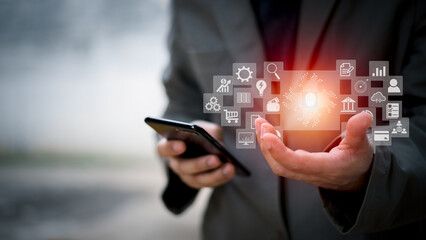 Cloud computing and technology icons touched by hand. Cloud technology collects lifestyle and confidential information such as shopping and internet banking, passwords, financial information.