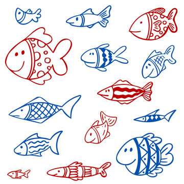 Set of red and blue fishes in doodle ink style. Hand drawn illustration