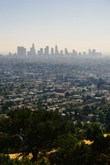 Naklejka premium Los Angeles city skyline silhouette in fog. Construction business concept.