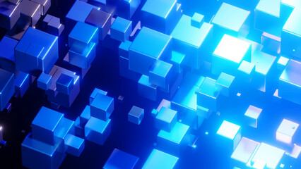 Abstract background 3D, many cubes with neon blue glow on black interesting science technology background, 3D render illustration.