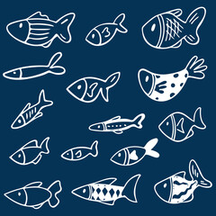 Set of white fishes in doodle ink style. Hand drawn illustration