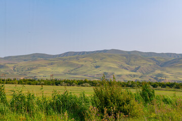 Fototapeta na wymiar mountainous terrain and green fields in georgia