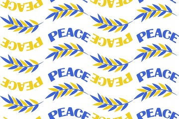 Fototapeta na wymiar Peace vector illustration. Stop war in Ukraine. Social political conflict. Peace lettering and wheat ears on white. Blue, yellow on white. Peace seamless pattern
