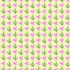 Watercolor pattern of pink hydrangea flowers with green leaves