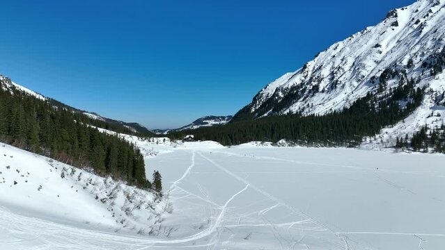 Aerial view of morske oko in High Tatras mountains in Slovakia