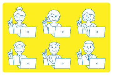 パソコンの前で人差し指を立てるいろいろな人7　高齢者と若者　線画