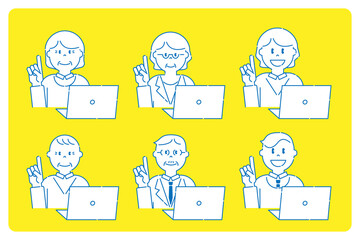 パソコンの前で人差し指を立てるいろいろな人8　高齢者と若者　線画