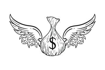 hand drawn money with wings doodle illustration for tattoo stickers poster etc
