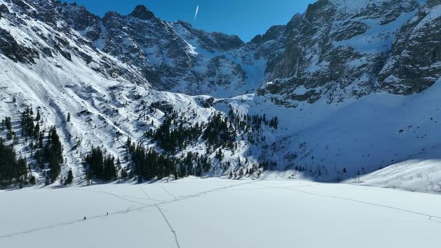 Aerial view of morske oko in High Tatras mountains in Slovakia