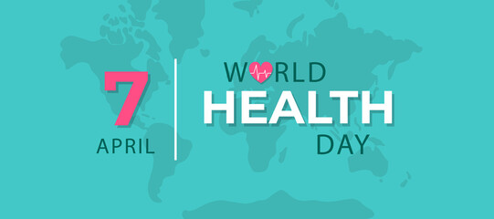 Vector World health Day Concept. Global health awareness design banner. 7th April. World map with heart.