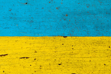 Yellow-blue wood texture with cracked paint. Ukrainian flag. No war. Ukraine, traditional color combination