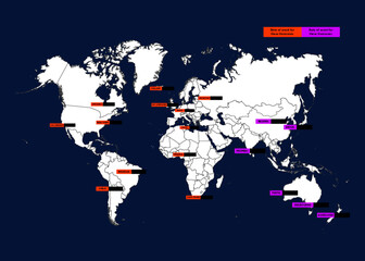 Map of the world with different time zones for all continents with a dark blue background (Editable Illustrator)
