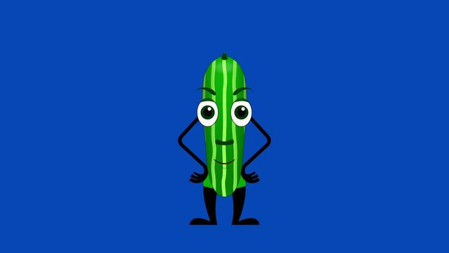 Cartoon cucumber talking loop with alpha channel. Vegetable animation on a transparent background.