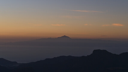 Panoramic view of island Tenerife with Mount Teide after sunset with colorful sky viewed from Roque...