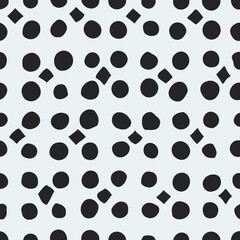 Curved black rhombuses and circles. Vector pattern with simple black diamonds and dots.