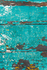  Background of old brown wood texture with blue cracked paint, closeup