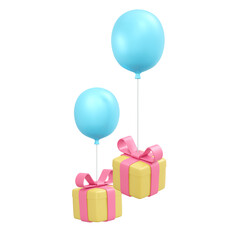 3d rendering of gift box and balloon isolated on white for commercial design. 3d render illustration cartoon style.