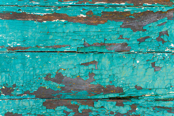 Fototapeta na wymiar Background of old brown wood texture with blue cracked paint, closeup image