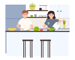 Happy family cooking dinner together in modern kitchen vector flat illustration. Mother, father, daughter and son spending time at home