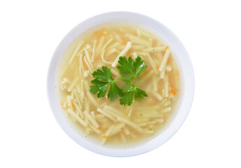 plate of chicken noodle soup isolated on white background