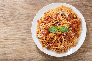 plate of pasta bolognese, top view