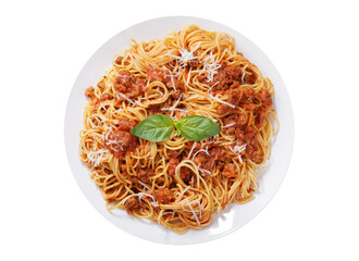 plate of pasta bolognese on white background, top view