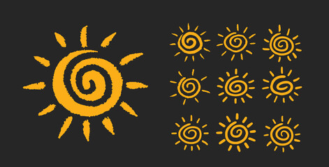 Sun hand drawn symbol. Sun icon as spiral on isolated background.
