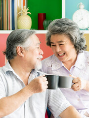 senior couple happy love Elderly couple smile face, old man and senior woman relaxing on living room drinking coffee in the morning  - lifestyle senior love couple healthy concept