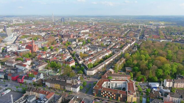 Dortmund: Aerial view of city in Germany, center of city with mixture of historic and modern architecture - landscape panorama of Europe from above