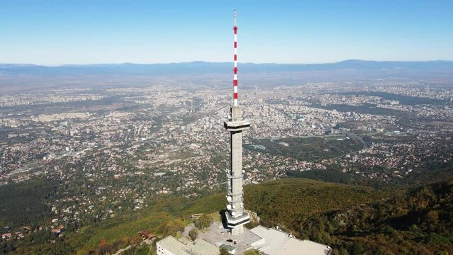 Aerial Autumn view of Kopititoto tower and panorama to city of Sofia, Bulgaria
