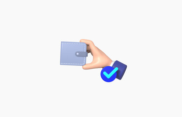 Hand Picking up Wallet with check mark Isolated on White background, grab, gesture, cartoon, business concept, 3d rendering.