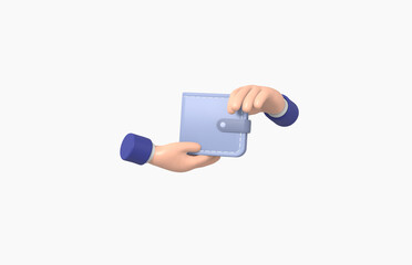 Hand Picking up and Holding wallet Isolated on White background, grab, gesture, cartoon, business concept, 3d rendering.