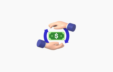 Hands gesture, banknote and circle arrow Isolated on White background, cartoon, business concept, 3d rendering.