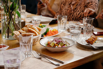 Wooden Table with food and drinks