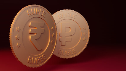 Indian rupee coin and Russian ruble coin. Rupee ruble trade concept. 3D rendering illustration. 