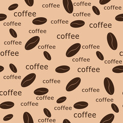 illustration of seamless patern of coffee grains and inscription. For printing on products with coffee, posters, banners and flyers.

