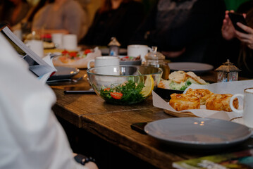 Wooden Table with food and drinks