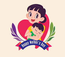 Flat design cartoon cute mother holding baby in arm with mother's day greeting ribbon