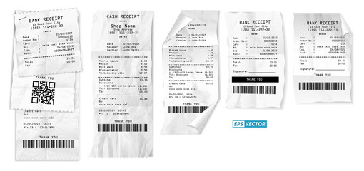 set of realistic cash register sales receipt isolated or cash receipt printed white paper or printout thermal rolled paper. eps vector